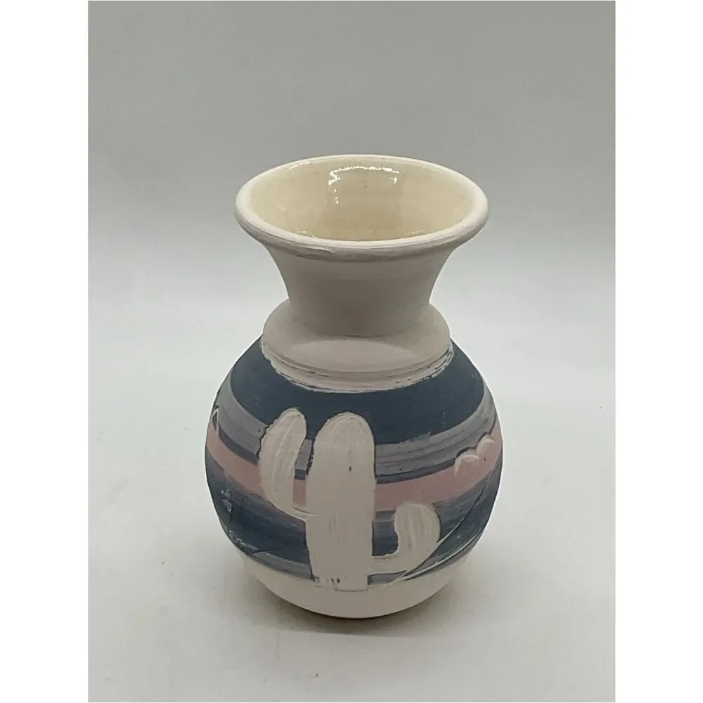 Acevloza Mexican Hand-Painted Ceramic Cactus Vase in Blue and Pink